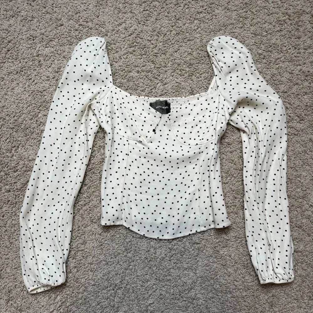 Reformation Reign Top White Navy Polka Dot Square Neck Long Sleeve 2